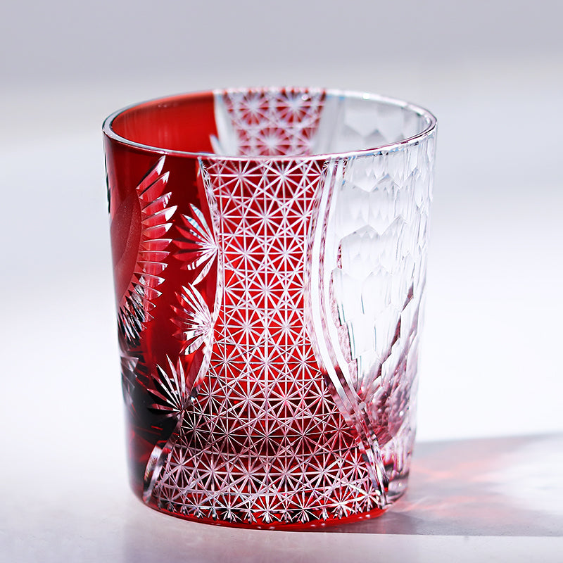JP-043 250 ml Handcrafts Edo Kiriko Crane Whiskey Glasses Ruby Red In Gift Box