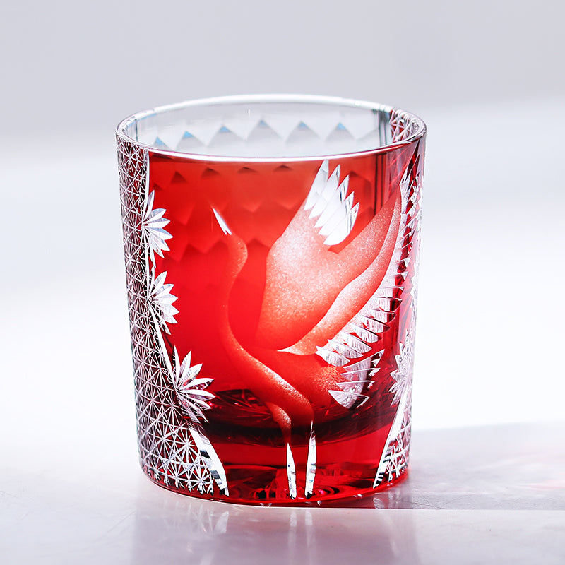 JP-043 250 ml Handcrafts Edo Kiriko Crane Whiskey Glasses Ruby Red In Gift Box