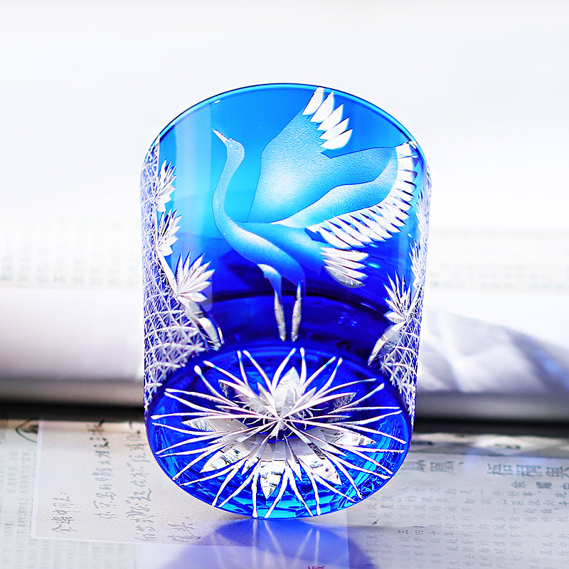 JP-043 250 ml Handcrafts Edo Kiriko Crane Whiskey Glasses Blue In Gift Box