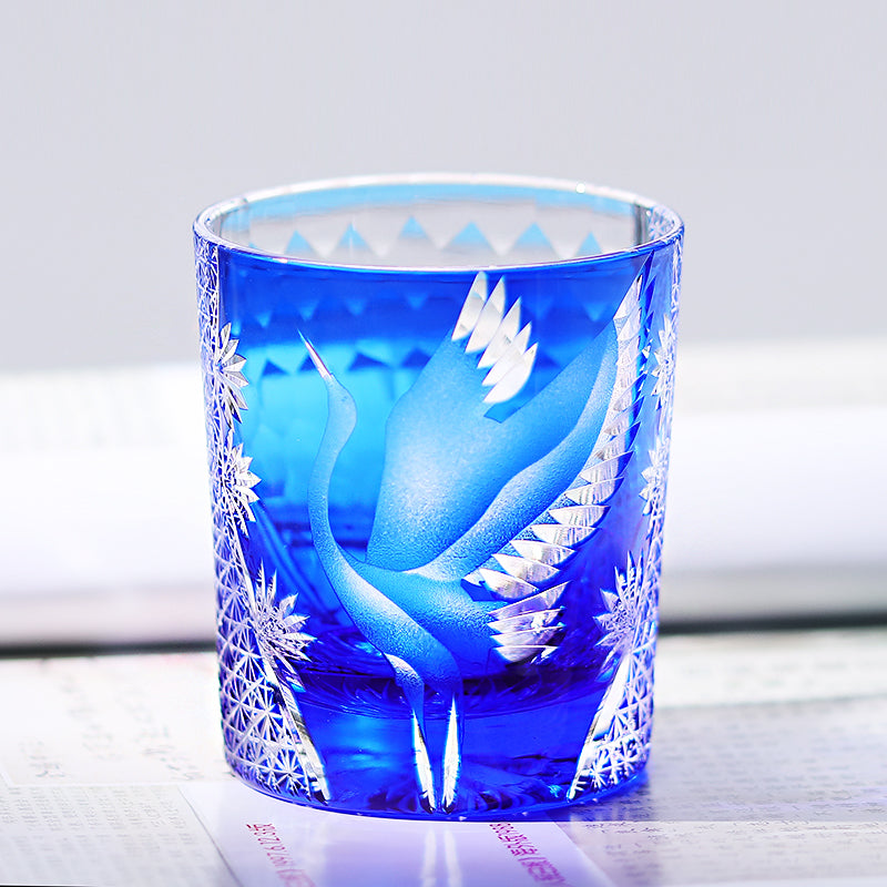 JP-043 250 ml Handcrafts Edo Kiriko Crane Whiskey Glasses Blue In Gift Box