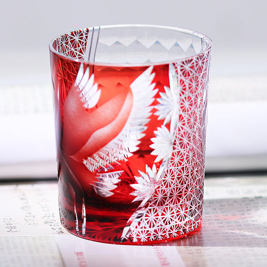JP-043 250 ml Handcrafts Edo Kiriko Crane Whiskey Glasses Ruby Red In Gift Box