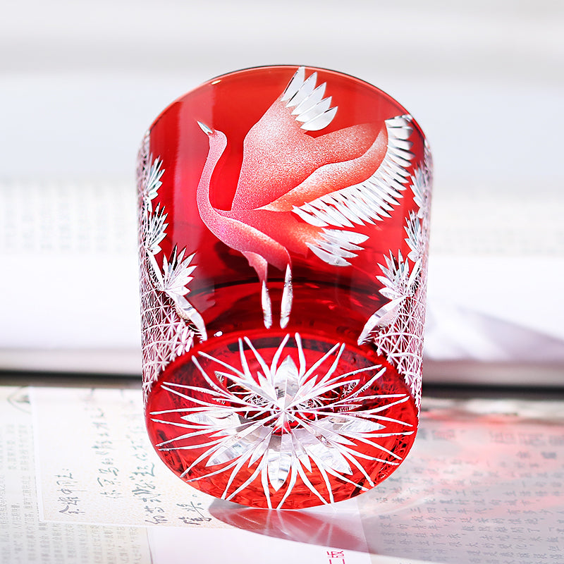 JP-043 250 ml Handcrafts Edo Kiriko Crane Whiskey Glasses Ruby Red In Gift Box