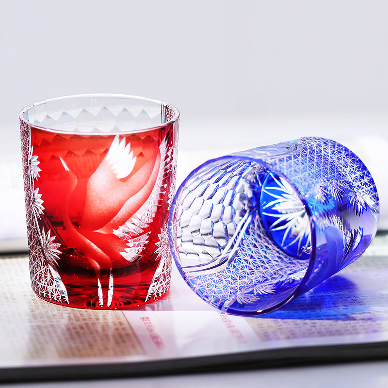 JP-043 250 ml Handcrafts Edo Kiriko Crane Whiskey Glasses Blue In Gift Box
