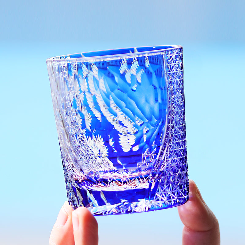 JP-043 250 ml Handcrafts Edo Kiriko Crane Whiskey Glasses Blue In Gift Box