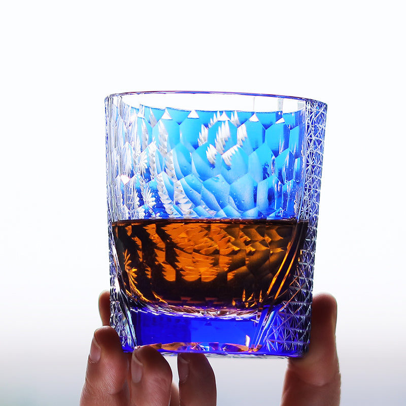 JP-043 250 ml Handcrafts Edo Kiriko Crane Whiskey Glasses Blue In Gift Box