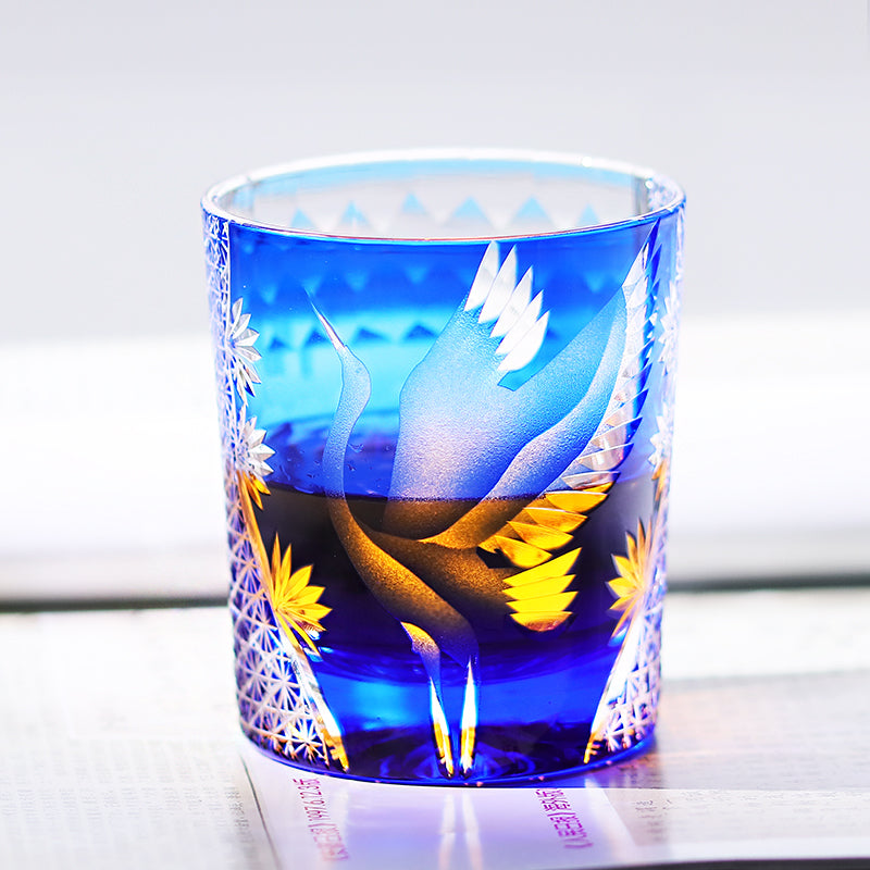 JP-043 250 ml Handcrafts Edo Kiriko Crane Whiskey Glasses Blue In Gift Box