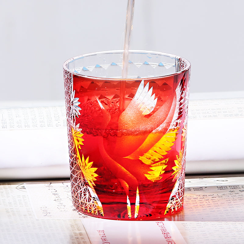 JP-043 250 ml Handcrafts Edo Kiriko Crane Whiskey Glasses Ruby Red In Gift Box