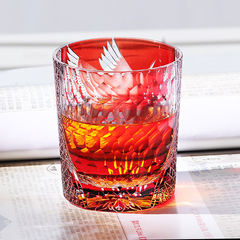 JP-043 250 ml Handcrafts Edo Kiriko Crane Whiskey Glasses Ruby Red In Gift Box