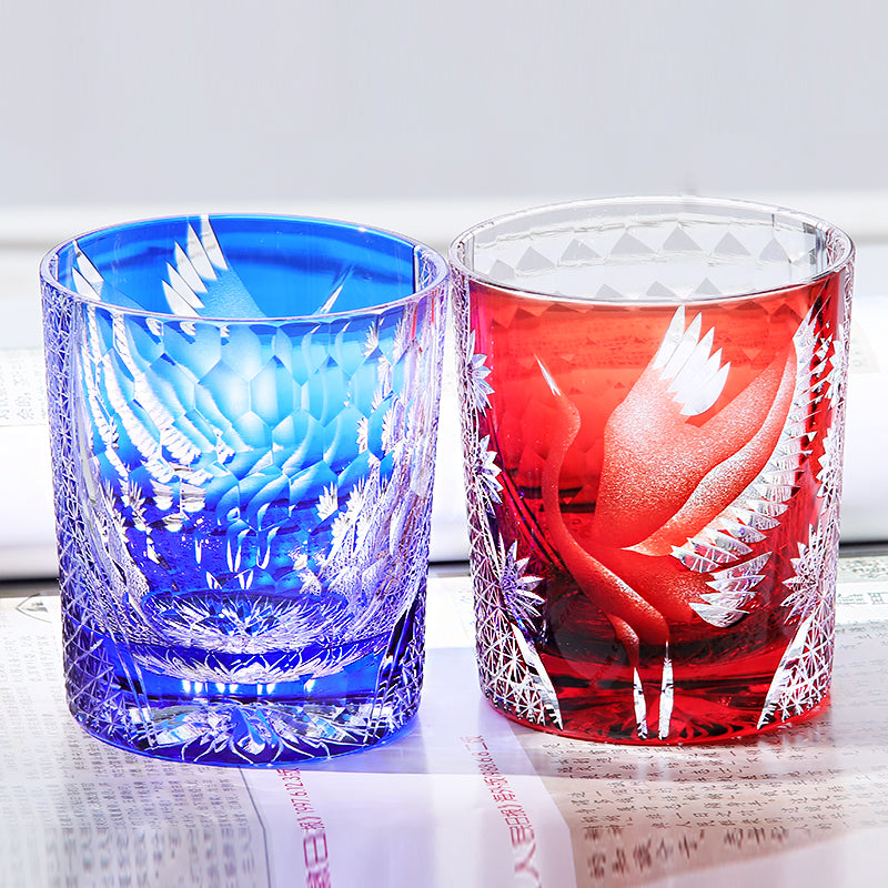 JP-043 250 ml Handcrafts Edo Kiriko Crane Whiskey Glasses Blue In Gift Box