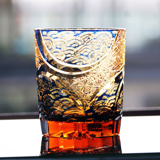 JP-041 250 ml Handcrafts Blue and Amber Color Tinted Glass Cocktail Whiskey Tumbler With Edo Kiriko's Moon and Waves Design