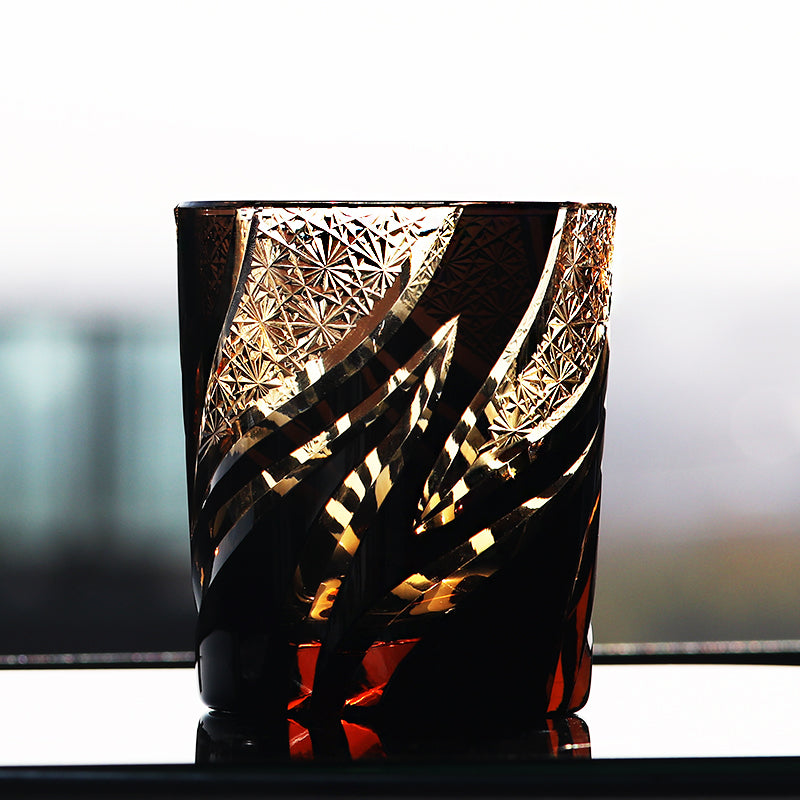 JP-029 25 CL Black and Amber Tinted Glass Whiskey Tumbler With Classic Hand Cut Burning Flame Pattern