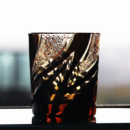 Flame Design Crystal Whiskey Glass Amber Black 9oz