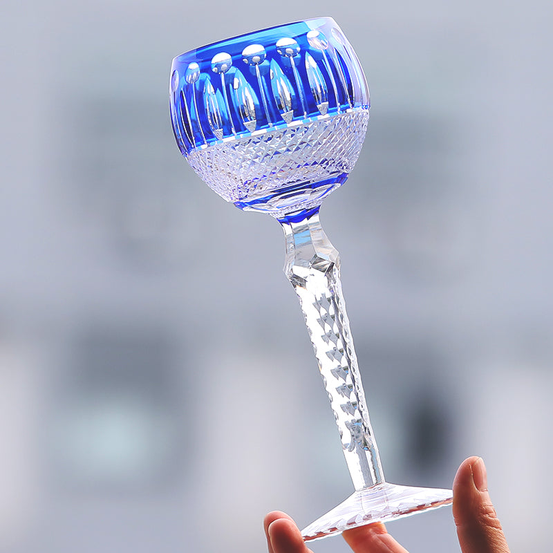 JP-096 8 oz Handcrafted Blue Color Cased Wine Glass Goblet Hand Cutting Lotus Deisgn