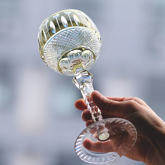 JP-096 8oz Hand Engraved Army Green Colored Wine Glass with Classic Cutting Lotus Deisgn