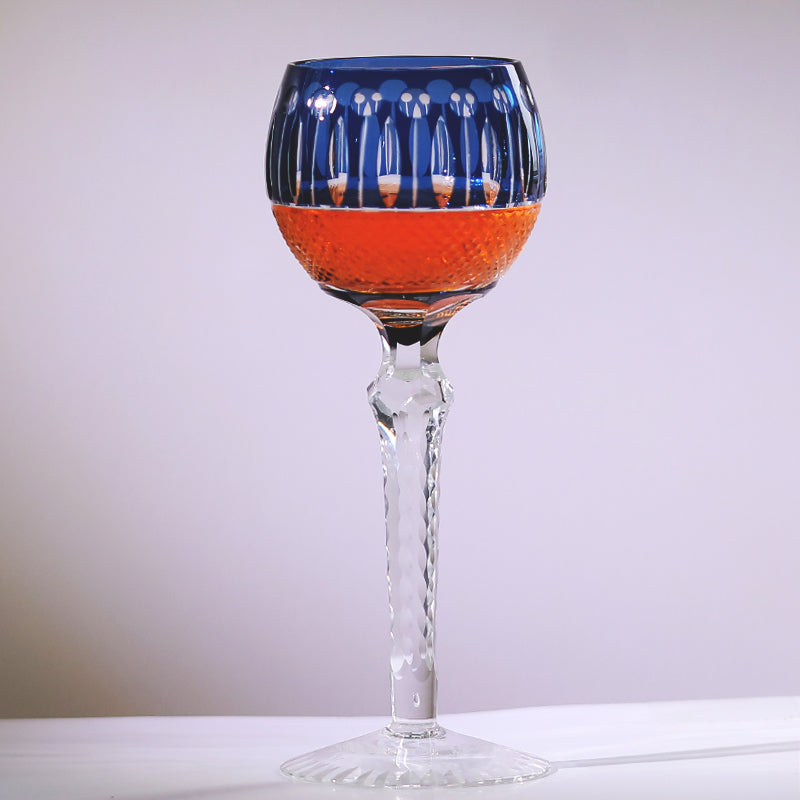 JP-096 8 oz Hand Cut and Smokey Blue Colored Wine Glass Stem Glass Goblet Engraved Lotus Deisgn
