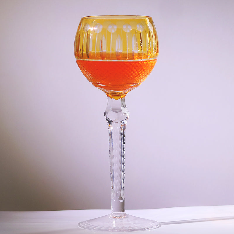 JP-096 8oz Handcrafted Orange Color Cased Wine Glass Goblet Hand Cutting Lotus Deisgn
