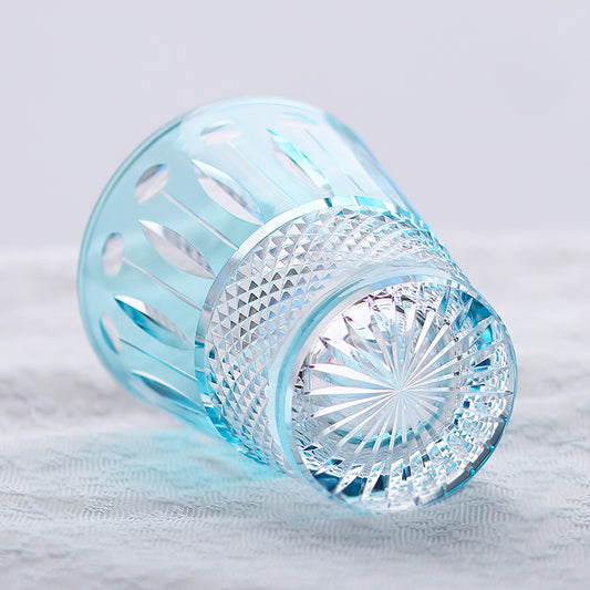 JP-095 Hand Cut and Sky Blue Crystal Glass Water Tumbler For Whiskey Old Fashioned Beverage Social Drinkers