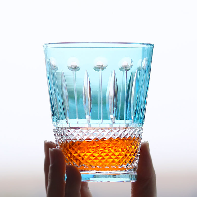 JP-095 Hand Cut and Sky Blue Crystal Glass Water Tumbler For Whiskey Old Fashioned Beverage Social Drinkers