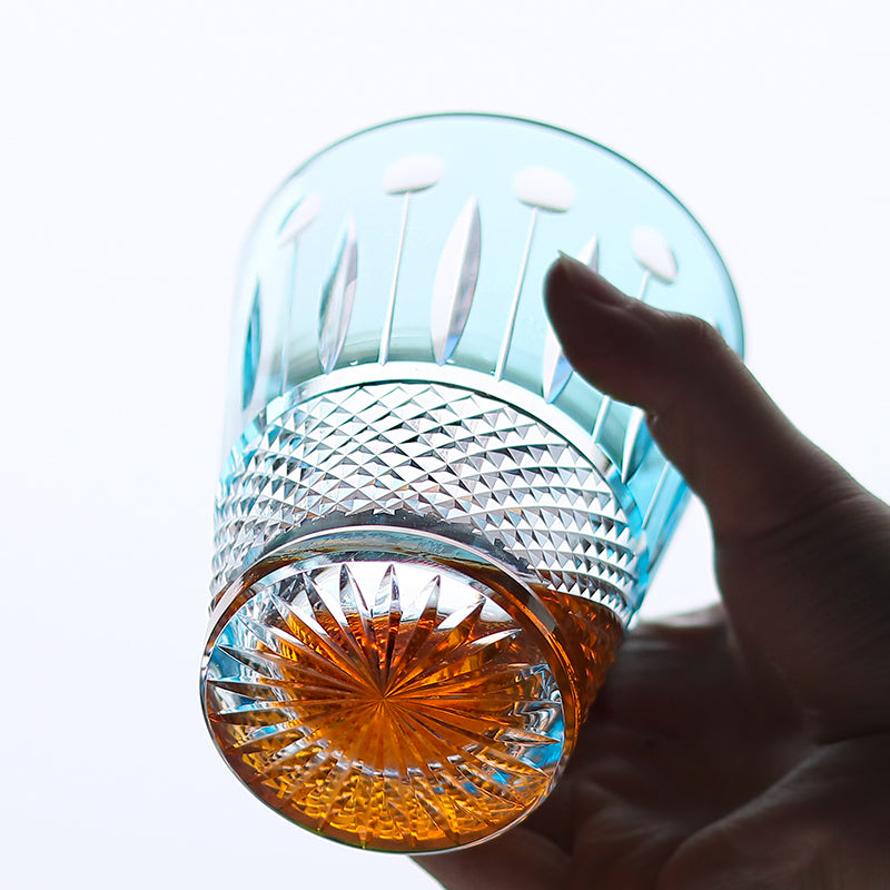 JP-095 Hand Cut and Sky Blue Crystal Glass Water Tumbler For Whiskey Old Fashioned Beverage Social Drinkers