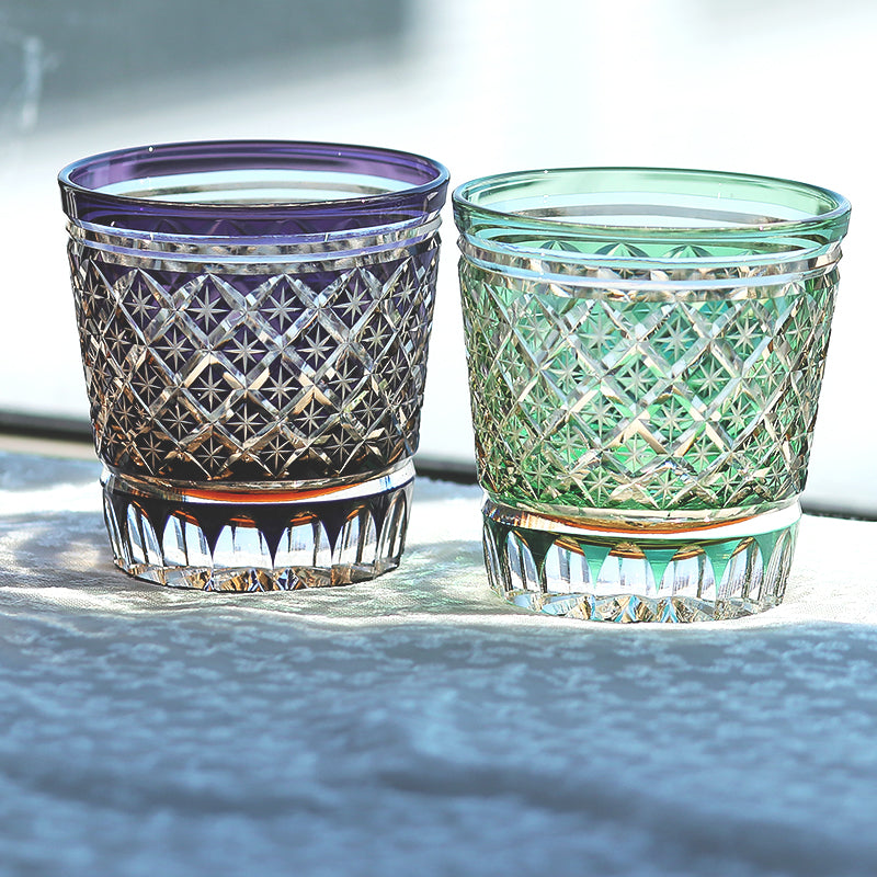 JP-010 330ml Handcrafts Edo Kiriko's Purple Colored Whiskey Glass Tumbler with Cutting Stars Design