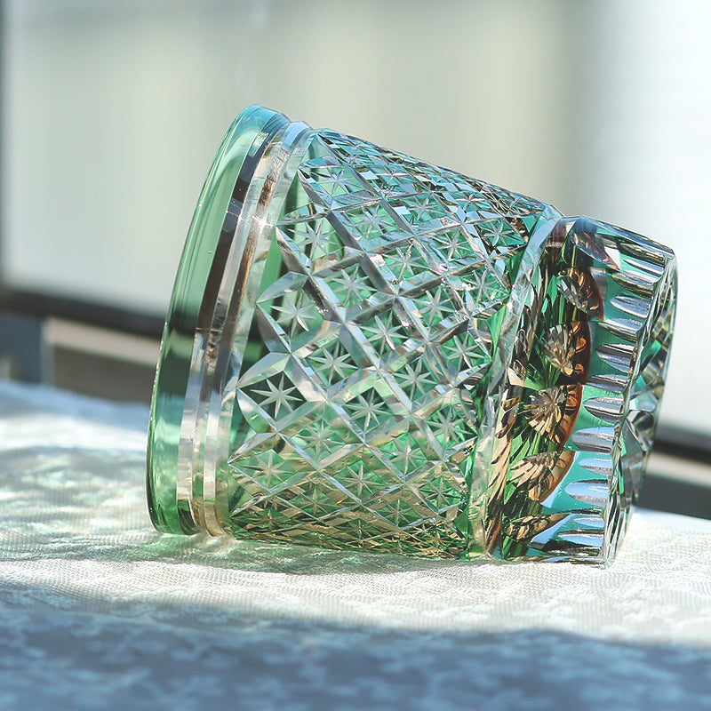 JP-010 330ml Handcrafts Green Overlay Crystal Glass Whiskey Tumbler with Edo Kiriko Carved Stars Design