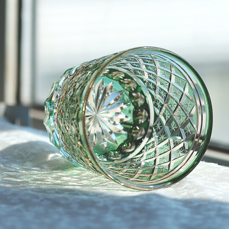 JP-010 330ml Handcrafts Green Overlay Crystal Glass Whiskey Tumbler with Edo Kiriko Carved Stars Design