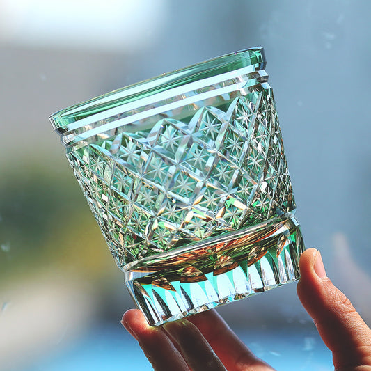 JP-010 330ml Handcrafts Green Overlay Crystal Glass Whiskey Tumbler with Edo Kiriko Carved Stars Design