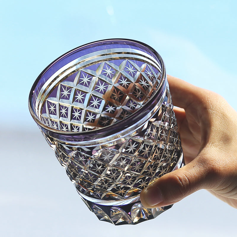 JP-010 330ml Handcrafts Edo Kiriko's Purple Colored Whiskey Glass Tumbler with Cutting Stars Design