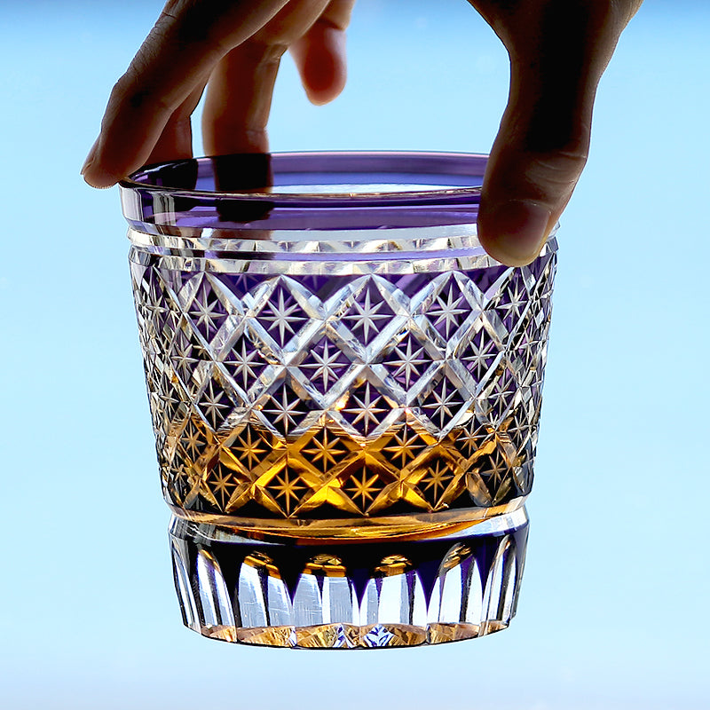 JP-010 330ml Handcrafts Edo Kiriko's Purple Colored Whiskey Glass Tumbler with Cutting Stars Design