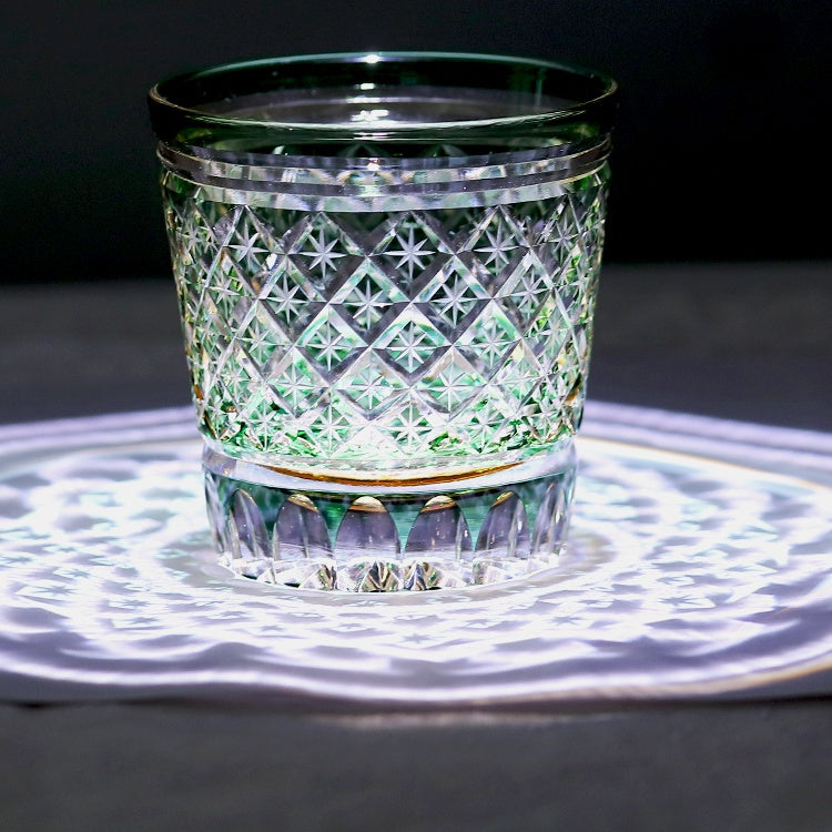 JP-010 330ml Handcrafts Green Overlay Crystal Glass Whiskey Tumbler with Edo Kiriko Carved Stars Design