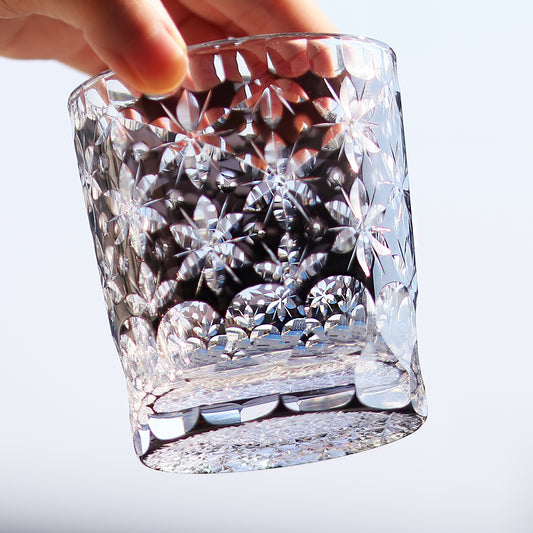 Black Glass Hand Cut To Clear Sakura Whiskey Galss 9oz