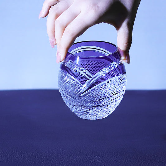 JP-057 300 ml Hand Cut to Clear Purple Water Juice Cup Round Curved Shape Crystal Cocktails Tumbler Purple Colored Crystal Glass Whisky Tumbler