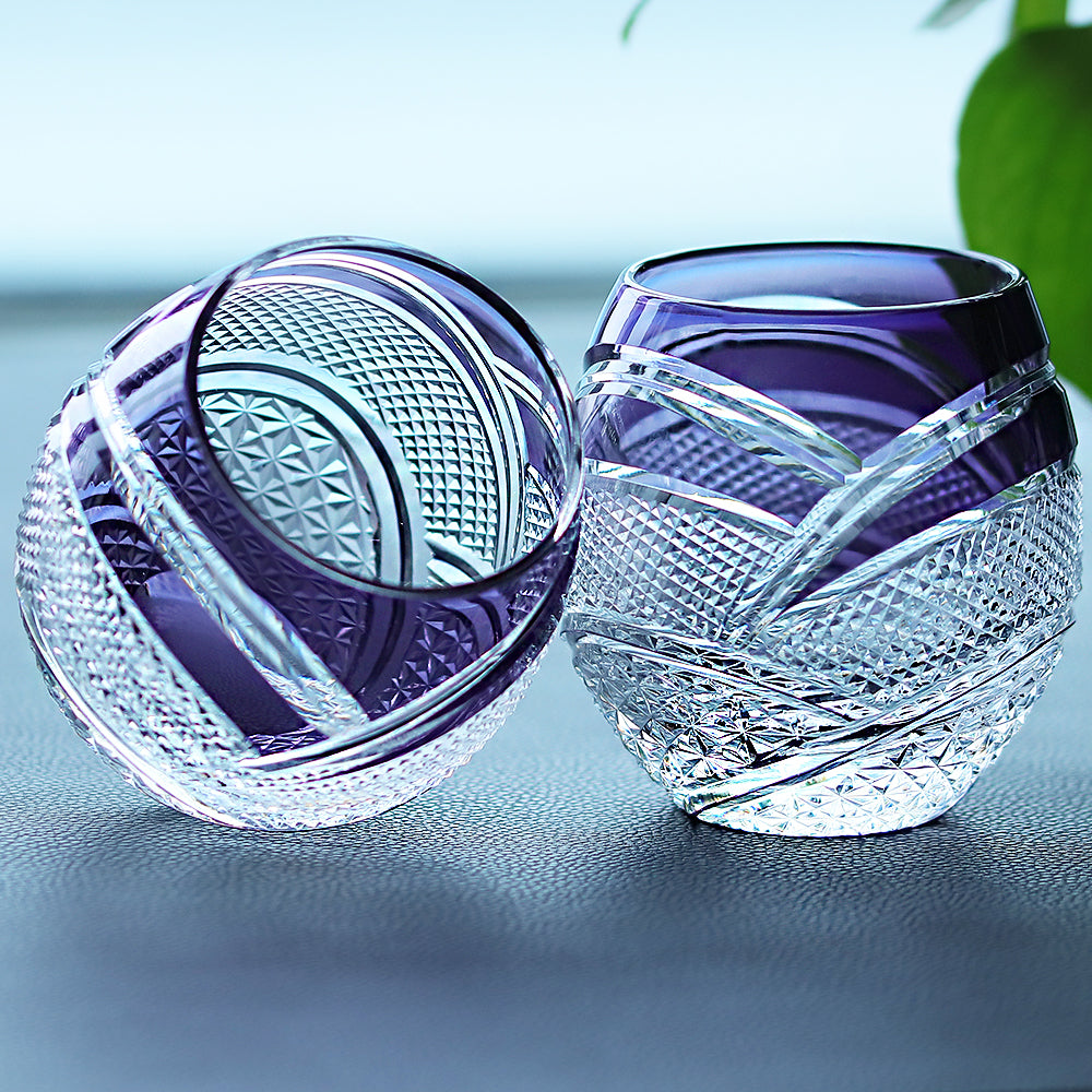 JP-057 300 ml Hand Cut to Clear Purple Water Juice Cup Round Curved Shape Crystal Cocktails Tumbler Purple Colored Crystal Glass Whisky Tumbler