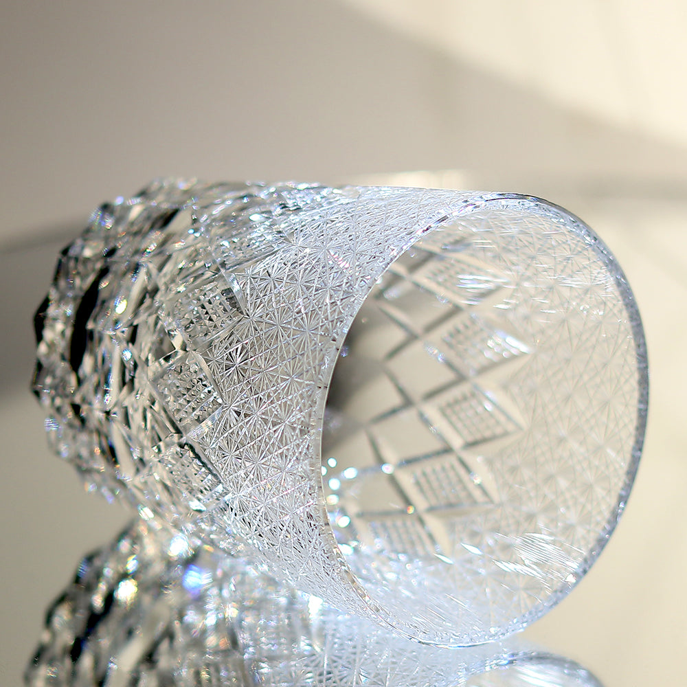 JP-124 240 ml Japanese Style Edo Kiriko Handcrafted K9 Crystal Whisky Glass Tumbler Chrysanthemum and Diamond Design