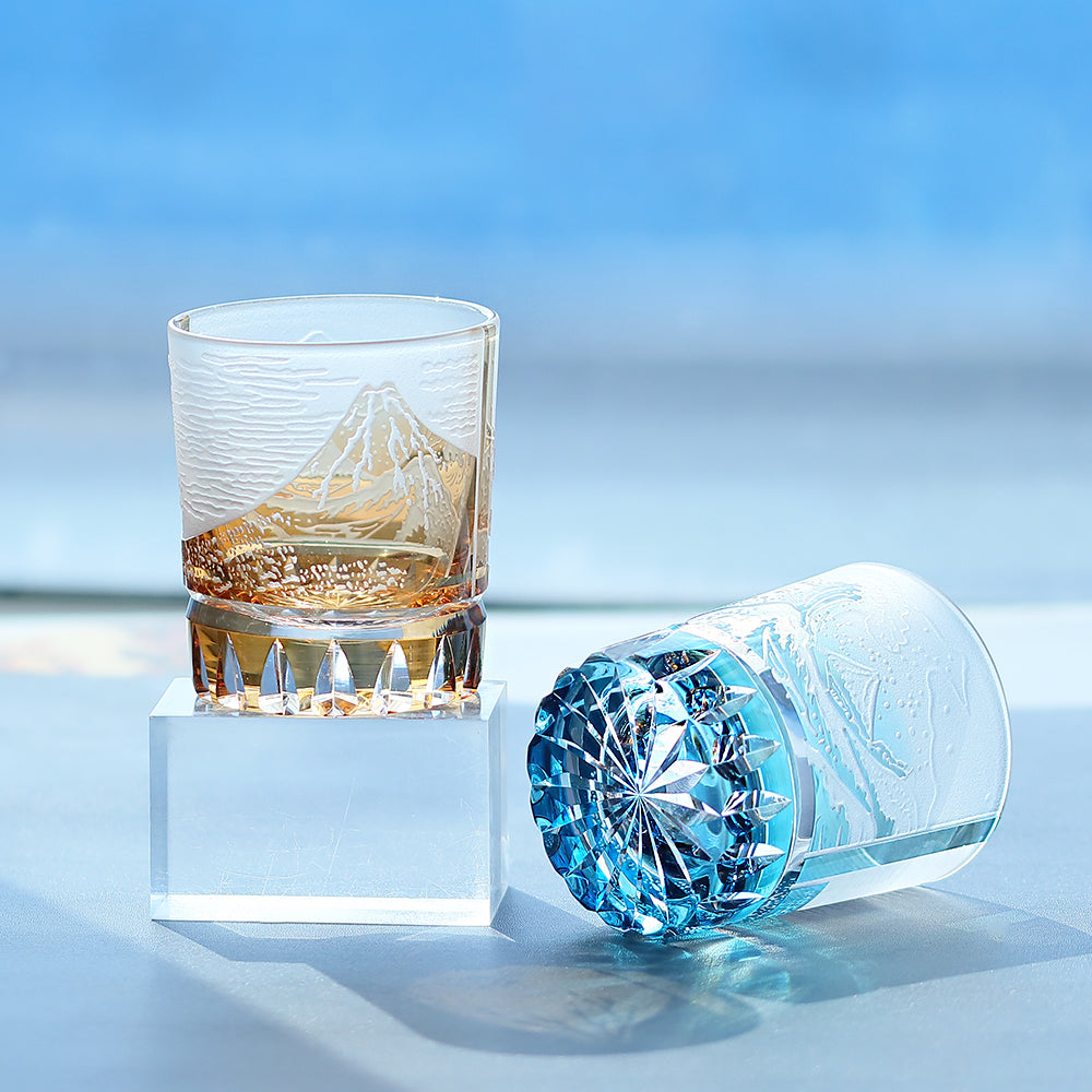JP-036 Japanese Style Edo Kiriko Handcrafted Fuji Wave Whisky Glass Collection With Gift Box