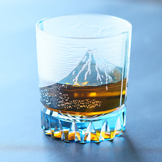 Edo Kiriko Frosted Glass Hand Cut to Clear for Whiskey Blue 9oz