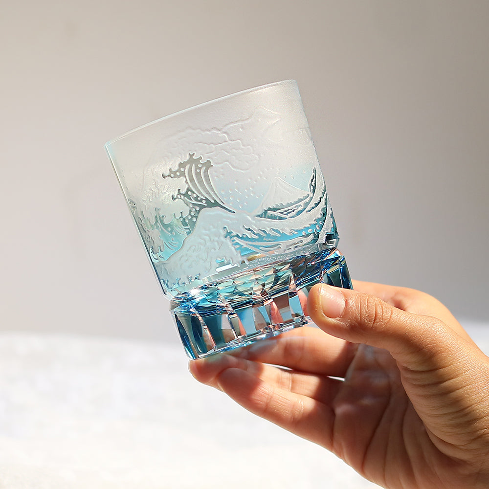 In use of Edo Kiriko Frosted Glass Hand Cut to Clear for Whiskey Blue - JINZHI GLASS crystal glassware