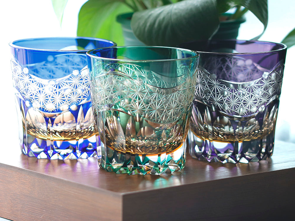 JP-049-L 32 cl Japanese Style Edo Kiriko Handcrafted Blue Prism Cocktail Whisky Glass With Gift Box