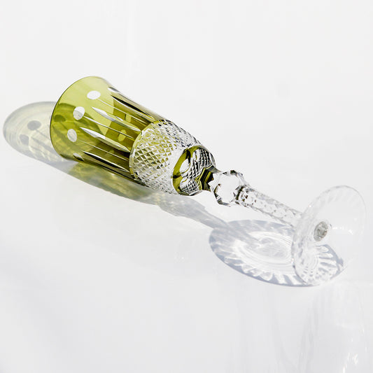 JP-098 Mouth Blown Chartreuse Tinted Crystal Glass Champagne Flutes 5 oz Vintage Engraved Lotus Design