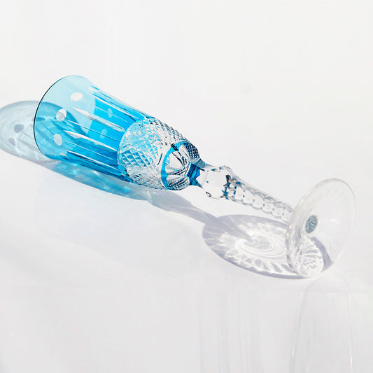 JP-098 Hand Cut Creative Vintage Sky Blue Color Cased Crystal Glass Champagne Flutes 5 oz Lotus Design