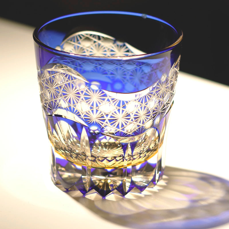 JP-106 32 cl Japanese Style Edo Kiriko Handcrafted Blue Prism Cocktail Whisky Glass With Gift Box