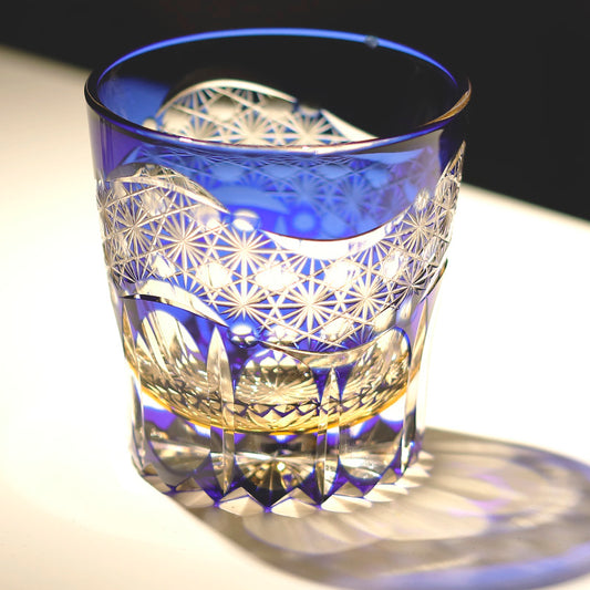 JP-049-L 32 cl Japanese Style Edo Kiriko Handcrafted Blue Prism Cocktail Whisky Glass With Gift Box