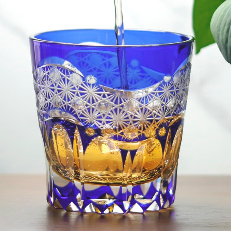 JP-106 32 cl Japanese Style Edo Kiriko Handcrafted Blue Prism Cocktail Whisky Glass With Gift Box