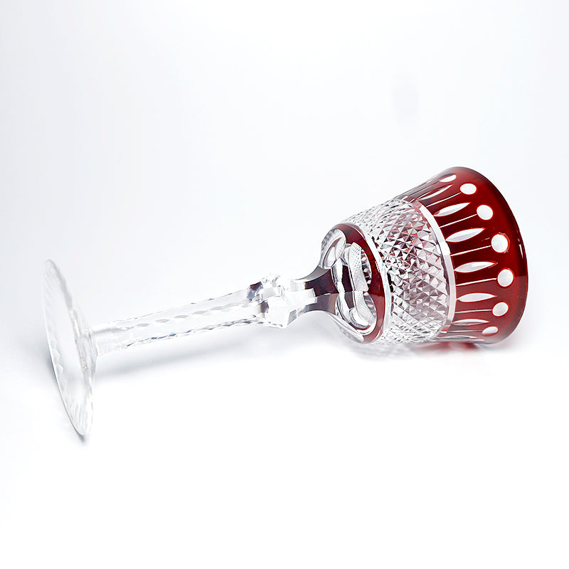 JP-097 5oz Handmade Ruby Red Tinted Glass Goblet Hock Wine Glass With Hand Cutting Lotus Deisgn
