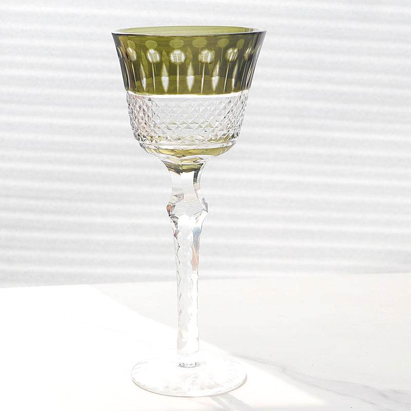 JP-097 150ml 5oz Hand Blown Chartreuse Color Cased Glass Stem Wine Glass Goblet Hand Cutting Lotus Deisgn