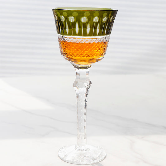 JP-097 150ml 5oz Hand Blown Chartreuse Color Cased Glass Stem Wine Glass Goblet Hand Cutting Lotus Deisgn