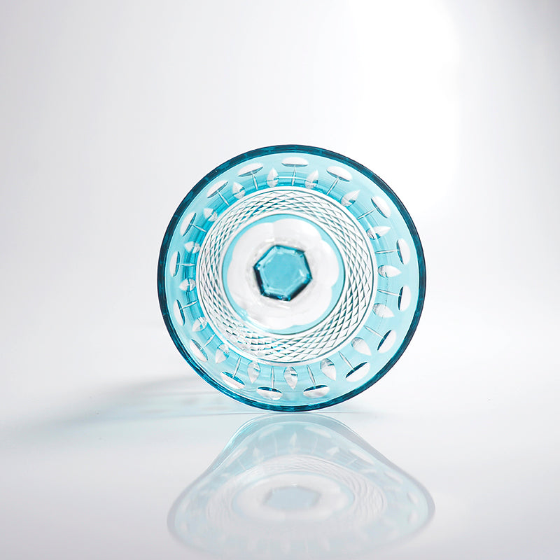 JP-097 150ml Hand Cut To Clear Colored Hock Glass Goblet Sky Blue With Hand Cutting Lotus Deisgn