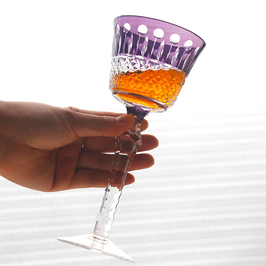 JP-097 150ml Hand cut to clear and purple colored crystal wine glass engraved Lotus Deisgn Hock Glass Goblet