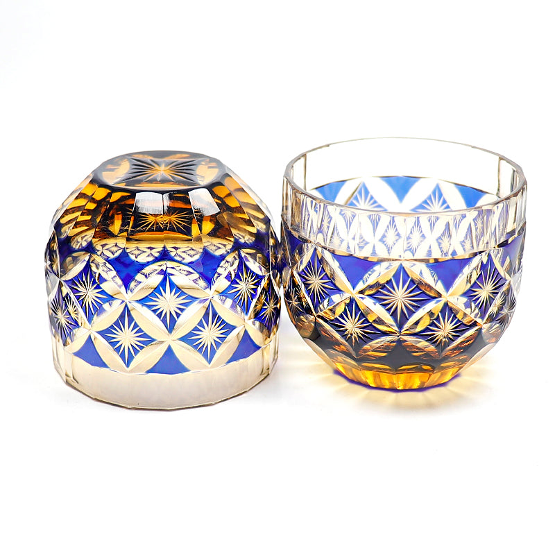 QJ-04 Hand Cut To Amber Blue Shot Glass 60ml for Sake ,Soju,whiskey, vodka, tequila