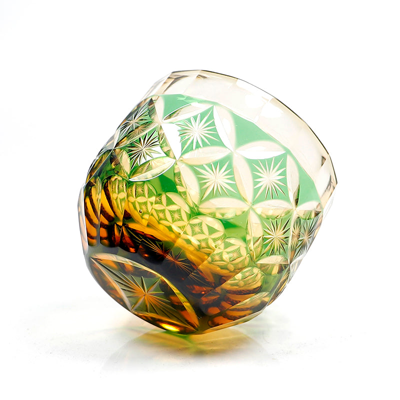 QJ-04 Hand Cut To Amber Green Shot Glass 60ml for Sake ,Soju,whiskey, vodka, tequila